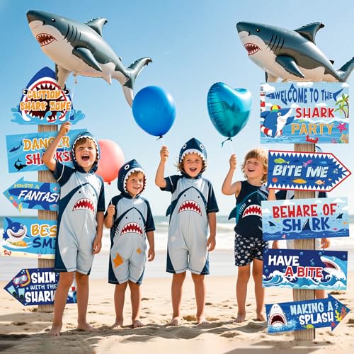 Image of Hooqict Shark Birthday Party Decorations 20 Pieces Welcome To The Shark Signs for Kids Boys Classroom Under The Sea Ocean Beach Themed Party Supplies