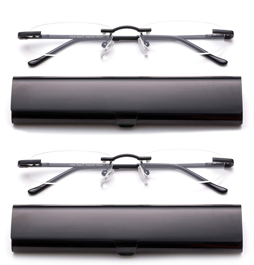 Newbee Fashion-Portable Compact Reading Glasses in Aluminum Case Metal Rectangle Rimless Reading Glasses Super Lightweight Reader Slim Design Comfort