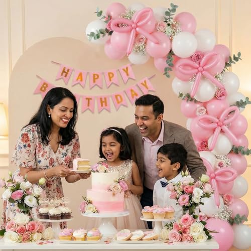 Image of Party Propz Bow Theme Birthday Decoration Kit for Girls - 42 Pcs, Pink Themed Happy Birthday Banner, Long Balloons, White and Pastel Pink Birthday Decoration Kit (Carstock,Latex)