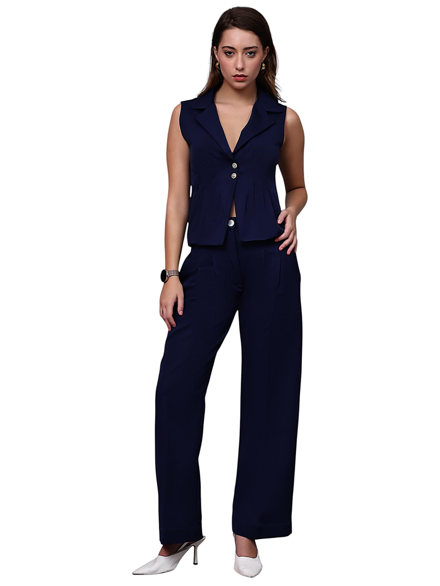 Luxe Navy Professional Women's Two-Piece Co-ord Set, Sleeveless Blazer with Wide-Leg Trousers, Classic Button Closure, Lightweight Business Attire