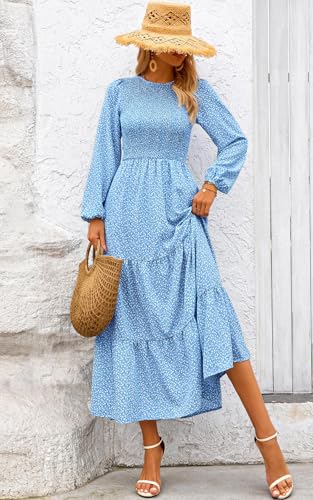 Image of PRETTYGARDEN Women's Fall Dresses 2026 Long Sleeve Flowy Casual Floral Maxi Dress Crew Neck Smocked Tiered Long Dress