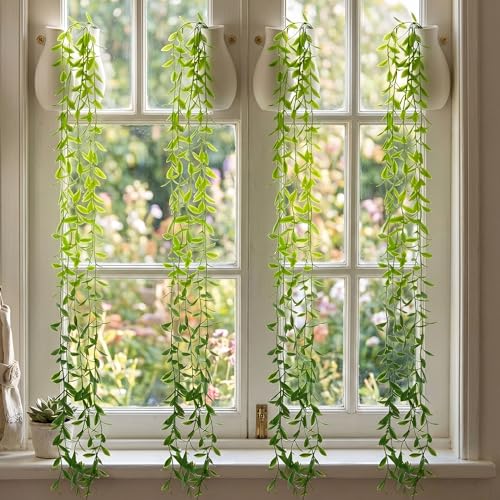 Image of Dekorly 75CM Artificial RainFlow Ivy Hanging Vines (Pack of 4) | Lush Green Cascading Creeper for Home & Balcony Decor (Rainflow Dark GreenTail Vines)