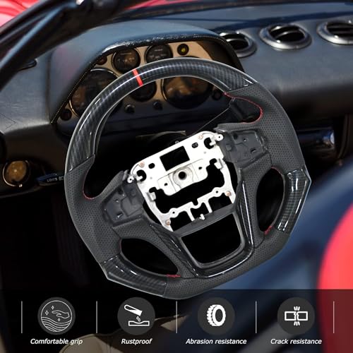 Image of KMH Premium Black Steering Wheel Compatible with Mahindra Old Thar 3 Door - D Cut Flat Bottom Sporty Look, Enhanced Grip & Fit Plug and Play Car Interior Accessories (Real Carbon)