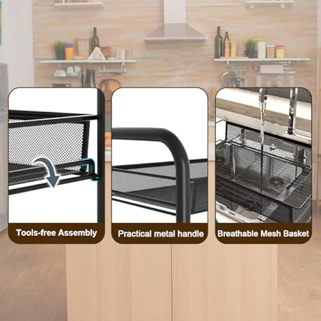 5 Tier Rotating Storage Rack Cart, Metal Mesh Rolling Cart Organizer with Top Lid, Fruit and Vegetable Storage Trolley, Metal Wire Shelf with Lid for Kitchen, Living Room, Black-gXT9joMW