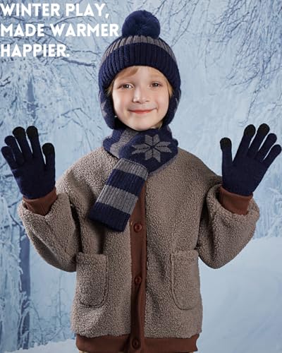 Image of Kids Winter Beanie Hat Scarf Gloves Set 3Pcs, 3-12Y Fleece Lined Knit Hat With Earmuffs Pom Touchscreen Gloves For Boys Girls