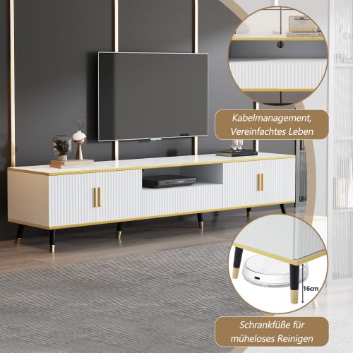 Merax Mueble de TV de 200 cm – Mueble bajo blanco con aspecto de mármol con detalles dorados, 1 cajón, 2 puertas, organizador de cables, para televisores de hasta 90 pulgadas – Mueble moderno para