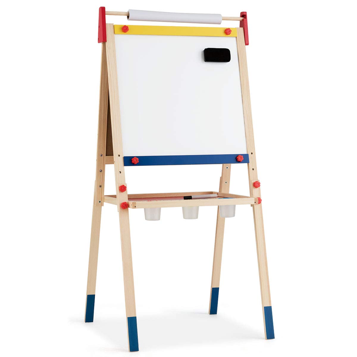 COSTWAY 3 en 1 Chevalet pour Enfants Double Face en Bois de Pin, Tableau Magnétique sur Côté Blanc, Accessoires Complets 3 Hauteurs Disponibles 124,5/118,5/112,5CM