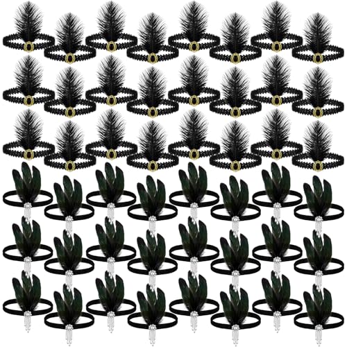 Ceenna 24 Pieces 1920s Flapper Headband Black Feather Headband Costume Flapper Headpiece 20s Rhinestone Hair Accessory for Women