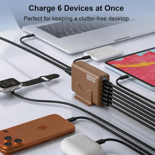 Image of 165W Charging Station, 6 Port Desktop Charger, 3 Ports 40W Brown
