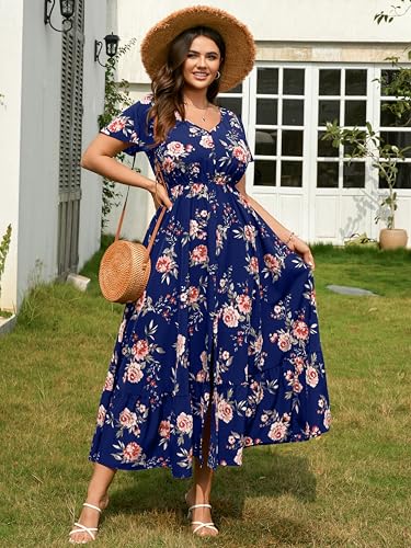 Image of RWJ Women Plus Size Maxi Dress V Neck Short Sleeve Button Trim Split Flowy Tiered Casual Long Dresses 2025 L-3XL