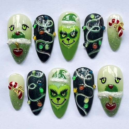 Christmas Press on Nails Almond Fake Nails Cute Green Monster False Nails with Rhinestones Designs Xmas French Tip Stick on Nails Artificial Glossy Acrylic Nail for Women New Year Nail Decoration