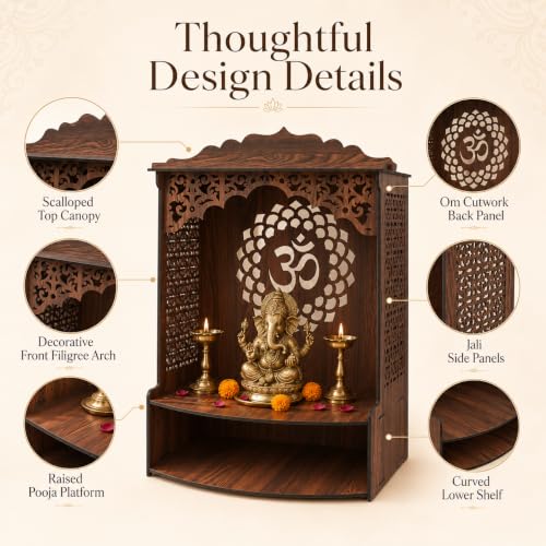 Image of The Castle Decor Wooden Mandir for Home, Wall Hanging & Tabletop Pooja Temple with Om Cutwork Back Panel, Jali Side Panels, Open Storage Shelf, Pooja Room, Office, Hostel, 10x22.2x18 Inch