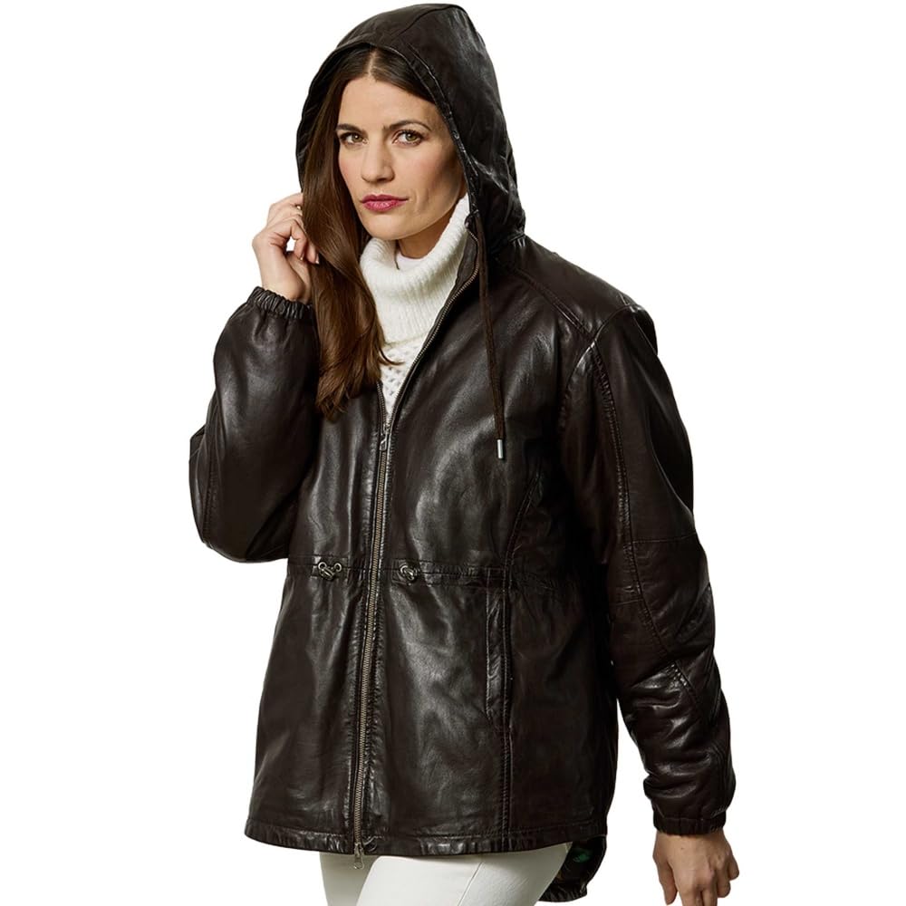 Damen Echtleder Lederjacke Lammnappa Kapuze Oversize dunkelbraun