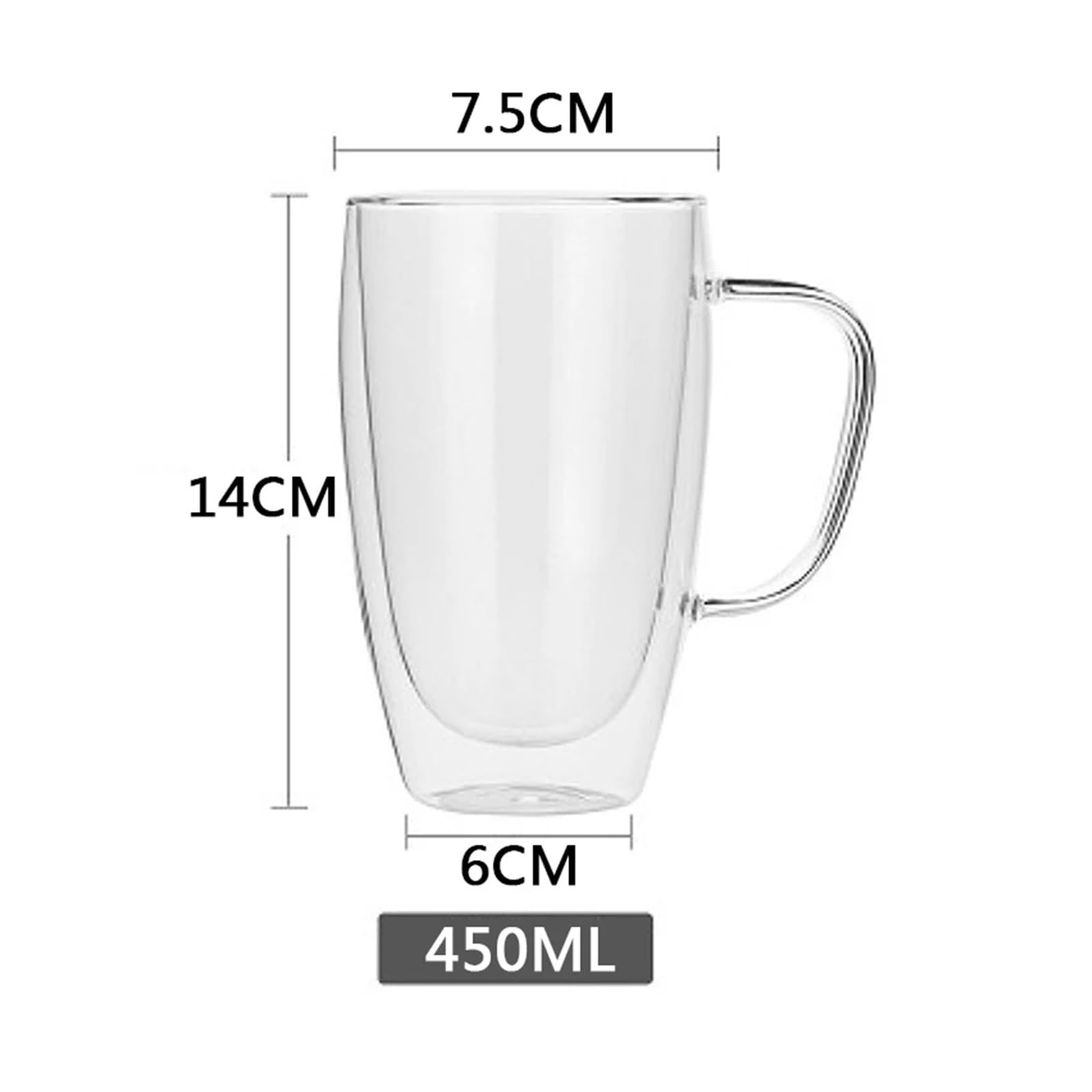 Zestaw 2-6 450 ml żaroodporne podwójne szklane kubki do herbaty i kawy, ręcznie wykonane, kreatywne, zdrowe, zimne, przezroczyste (4 szt., 450 ml) A)