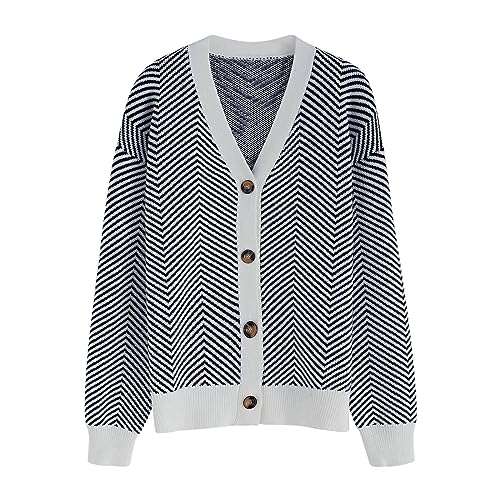 CHICWISH Women's Black Zigzag Stripe Pattern V-Neck Buttoned Knit