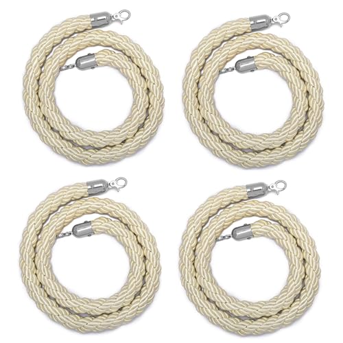4 Pack Velvet Ropes Beige, Safety Barrier Stanchion Twisted Ropes, Crowd Control Queue Barrier Nylon Braided Ropes, Stainless Steel Snap Hooks(Silver Hook,2m/6.6ft)