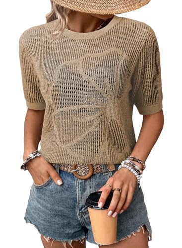 Dokotoo Vacation Outfits for Women Womens Summer 2026 Short Sleeve Crochet Hollow Out Cruise Beach Clothes Lightweight Sexy Knit Floral Resort Wear Tops Pullover Sweater Khaki X-Large
