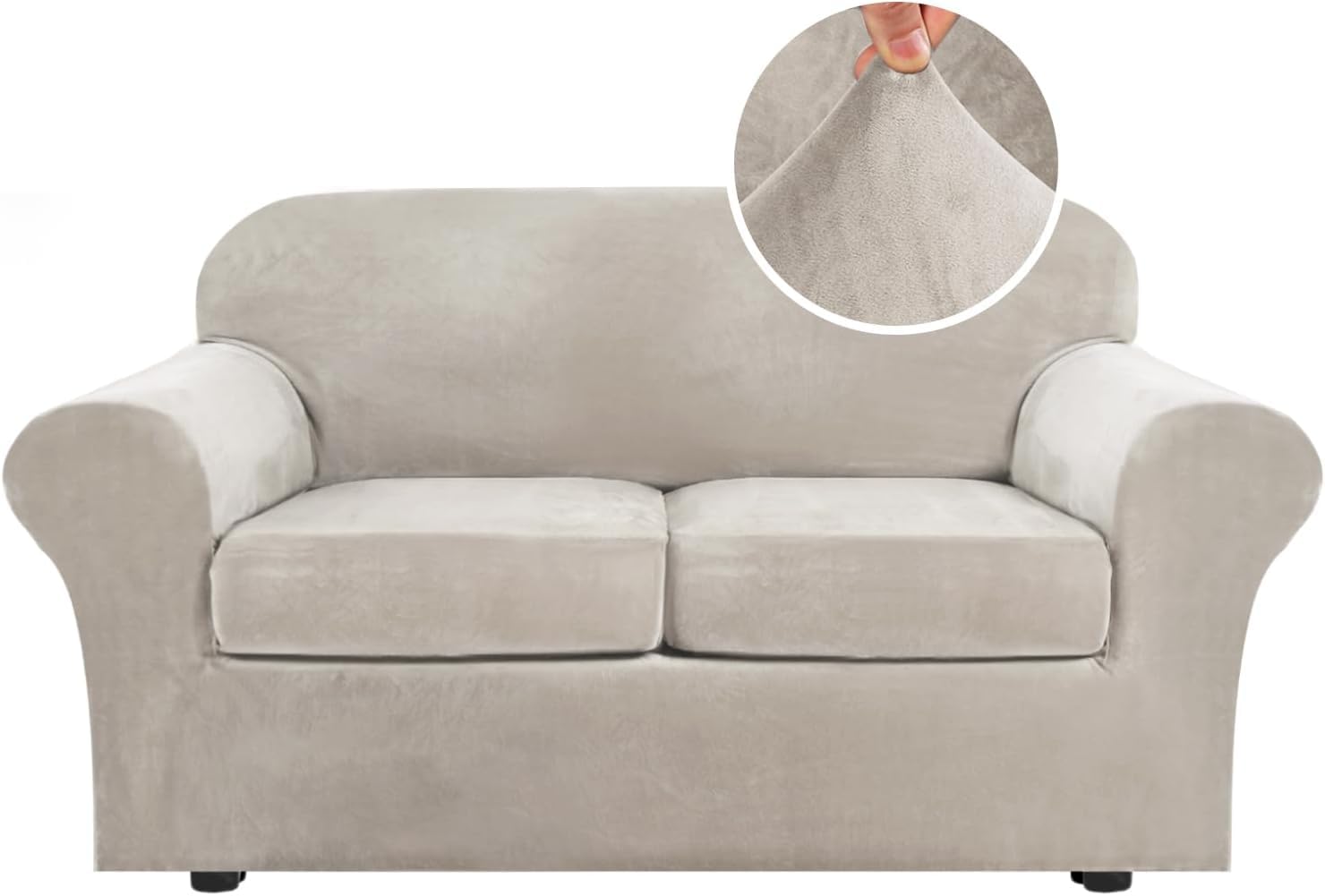 LINGKY Velvet Sofa Cover 2 Seater With 2 Separate Sofa Seat Cushion Covers, Stretch Couch Cover Non-Slip Sofa Slipcovers for Living Room Furniture Protector (Oatmeal,2 Seater)