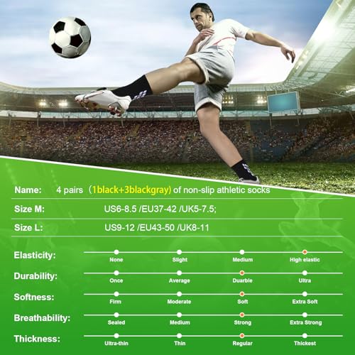 Image of Anti-slip Grip Soccer Football Sports Socks Men Women Cushioned Cotton Crew Socks Yoga 6-8.5 1black+3blackgray M 4 Pair