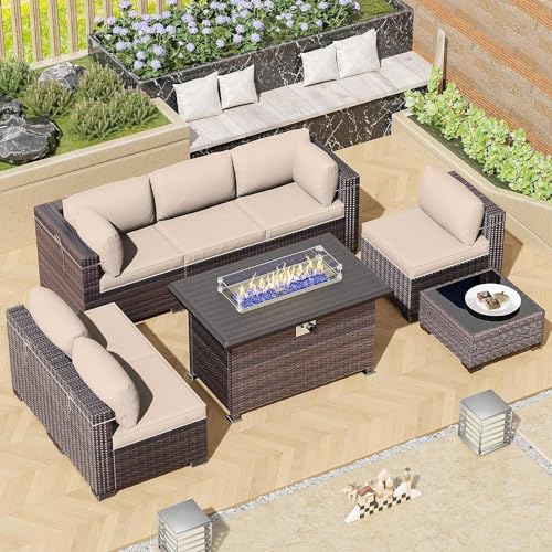 Image of 8 Pieces Outdoor Patio Furniture Set,Outdoor Sectional Furniture with 43 inch 55000 BTU Gas Propane Fire Pit Table,All Weather PE Rattan Wicker Patio Conversation Set,Sand