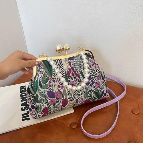 Vintage Embroidered Flower Handbag Retro Pearl Chain Crossbody Bag Clutch Kiss Lock Top Handle Shoulder Purse Wallet 20253