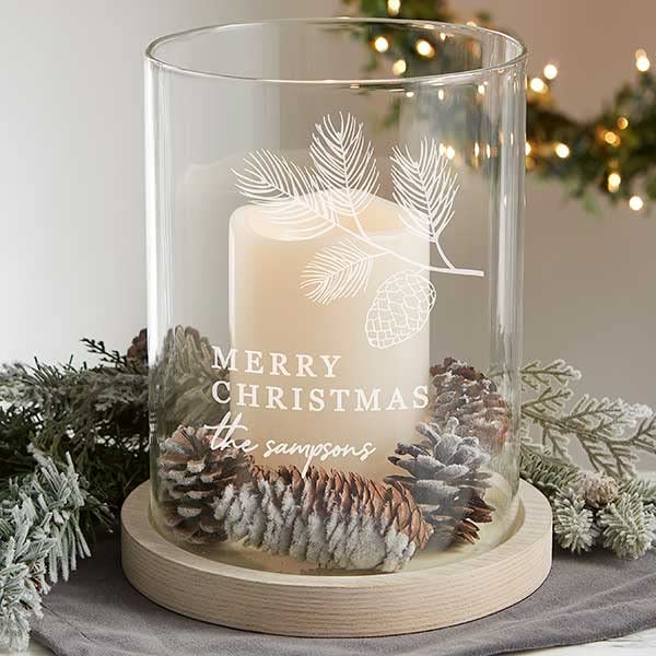 Personalization Universe Festive Foliage Personalized Christmas Hurricane with Whitewashed Wood Base