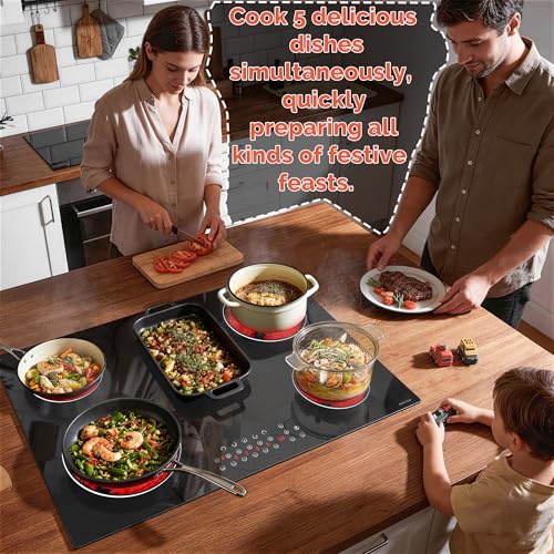 Image of Noxton Electric Cooktop 30 Inch,8400W High Power 5 Burner Radiant Stove Top | Expandable Burner, Child Safety Lock, Timer, Pause, 30 inch Drop-in Install Electric Ceramic Stovetop, 220-240V Hardwire, No Plug