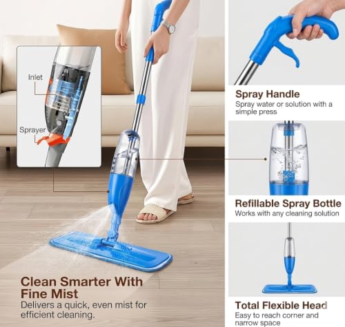 Image of Spray Mop for Floor Cleaning with Refillable Water Tank, Washable Microfiber Pad & Stainless Steel Handle | Flat Wet Mop for Tile, Marble, Wooden & Laminate Floors | Blue