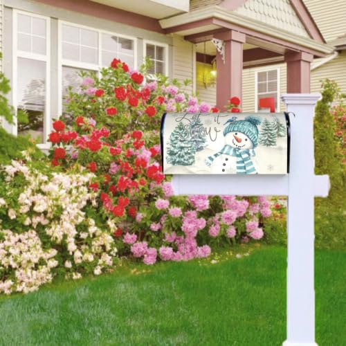 Image of Blue Snowman Mailbox Cover Magnetic- 25.5x21 Inch Large Size- Winter Pine Tree Bird Xmas Snowflake Waterproof Mailbox Wrap Post Cover for Yard Garden Outside Ourdoor Decor