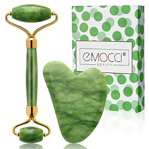 Jade Roller Gua Sha Visage Rouleau Face Facial pierre veritable Kit Massage Set Soin de la peau pour Anti-âge Réduire Les Rides des Yeux et la Circulation Sanguine vert Cover