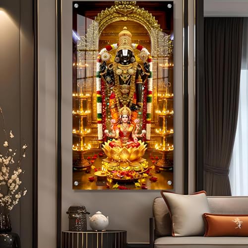 Image of The Hanging Story Tirupati Balaji & Laxmi ji Wall Painting for Living Room, Bedroom, Office, Home Temple | Vastu Religious Wall Decor Frame | Printed 4MM Acrylic (12x23 inch)