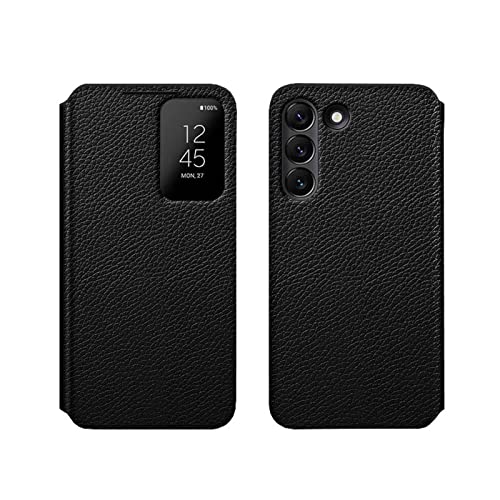 Clear View Window Leather Flip Phone Case, For Samsung Galaxy S22 (2022) 6.1 Inch Lychee Pattern Folio Cover, Smart Wake Up/Sleep,Black #TOP27