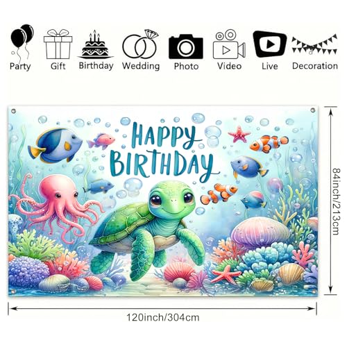 Image of HOMETITUTE Happy Birthday Banner Under The Sea Backdrop 120x84 Inch