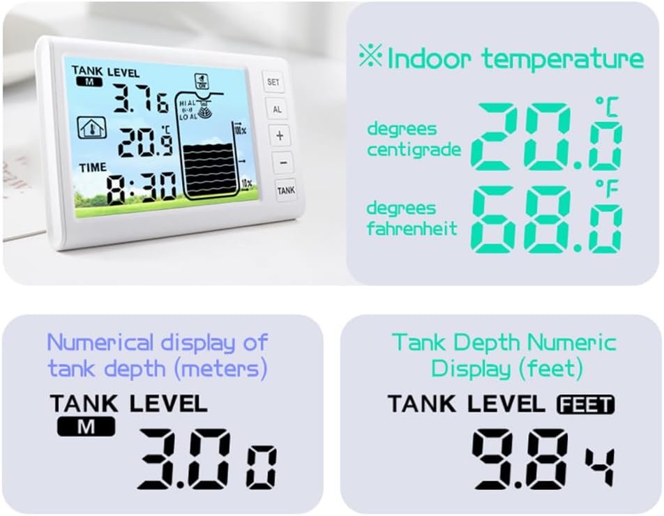 Examples of temperature and tank depth display on the receiver