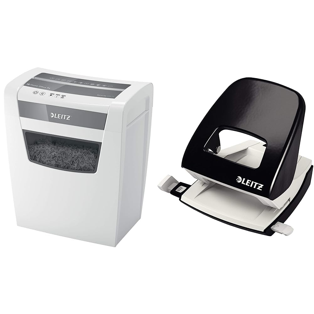 Leitz IQ Home Office Aktenvernichter, 10 Blatt Kapazität, Partikelschnitt, weiß, 80090000 & Büro Locher aus Metall, Für 30 Blatt, Anschlagschiene mit Formatangaben, Markt, schwarz