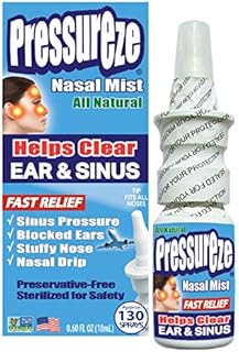 Pressureze All Natural Preservative-Free Sterile Nasal Spray - Fast Relief Nasal Spray - for Sinus Allergies Congestion Blocked Ears Loud Snoring | 130 Sprays, 18 ml