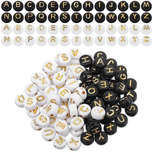 1000 Pieces Round Acrylic Alphabet Beads Letter Beads Flat Round Disc Coin Pony Beads 4 x 7 mm Beads for DIY Bracelet Necklace Jewelry Making Supplies (White/Black with Gold Letter)