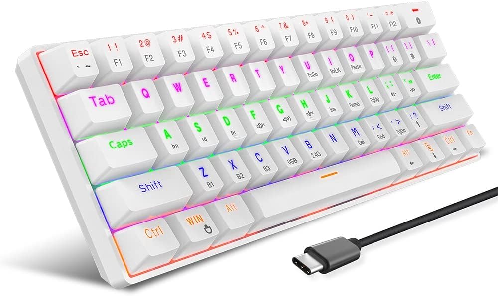 HXSJ L800 Mechanical Gaming Keyboard – 61 Keys RGB Backlit, 3-Mode (BT5.0/2.4G/USB Wired) Compact Mini Keyboard with Blue Switches for PC, Laptop, Mac, Android (White)