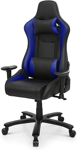 Magshion Silla de juegos estilo carreras de 85 a 125 reclinable, con respaldo alto, azul, con soporte lumbar, altura ajustable, fibra de carbono,