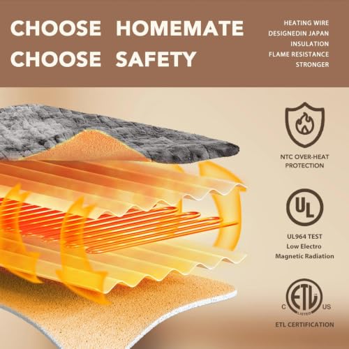 Image of Homemate Electric Heated Heating Blanket King Size 100 inchx90 inch Dual Control | ETL Certified 2 /4 /6 /8H Auto-Off 10 Heat Level Overheat Protection Machine Washable FauxFur Sherpa,Cold Room Cold Sleeper Gift