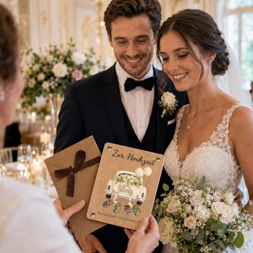 QijAOPD Hochzeitskarte Geldgeschenk Holz, Karte Hochzeit Auto Motiv, Hochzeitsgeschenke für Brautpaar mit Umschlag, Geldgeschenke Verpackung, Glückwunschkarte zur Vermählung für Eheleute Feier