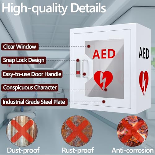 NLShan Wall-Mounted AED Cabinet, Metal Steel Plate Storage Cabinet with Snap Lock, Fits All Brands Cardiac Science, 14.2 x 7.8 x 15.7 Inch