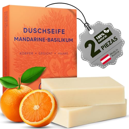 larum sports Jabon Natural Cuerpo y Cabello Mandarina-Basilio - Jabones Naturales Artesanales y Jabones para Regalar - Pastilla Jabon Ducha 100% Vegetal Sin Perfume - 2x85g Jabón Natural Cuerpo Vegano