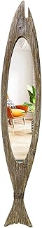 K KILIPES Rustic Wood Fish Mirror Decorative Hanging Mirror Wall Decor for Living Room Bathroom Bedroom Vintage Nautical Ocean Beach Home Mirror