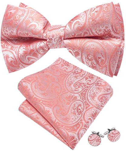 Image of Barry.Wang Paisley Striped Bow Tie for Men Silk Pre-Tied Bowtie Pocket Square Cufflinks Set Formal Wedding Party Prom