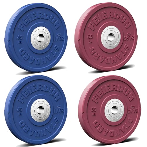 Image of FEIERDUN Color Bumper Plate Set, 2-Inch Olympic Weight Plates, Low Bounce Rubber Barbell Plates with Stainless Steel Insert for Weightlifting, Strength Training, CrossFit & Home Gym, 10LB-370LB