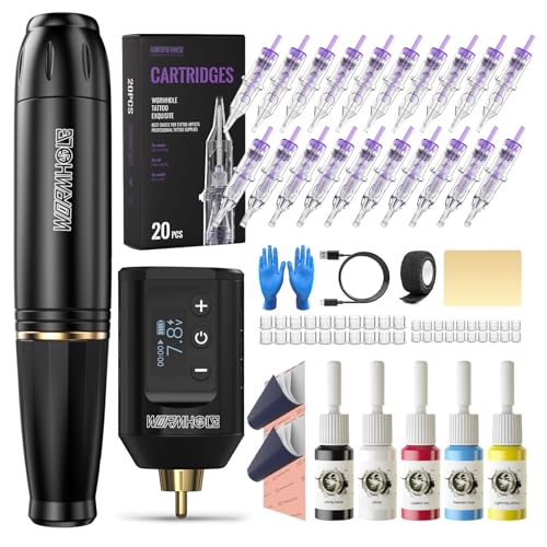 Image of Wormhole Wireless Tattoo Kit, LED Digital Display, Dot Working Mode, Complete Rotary Tattoo Gun Set for Beginners and Professionals, Ergonomic Design, Portable Equipment - Black
