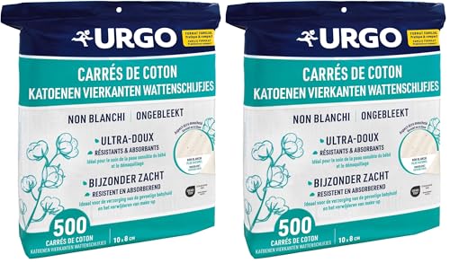Urgo - Carrés de coton - x500 unités - FORMAT FAMILIAL - Ultra-doux Absorbants - Coton de qualité certifiée OEKO-TEX® Non Blanchi (Lot de 2)