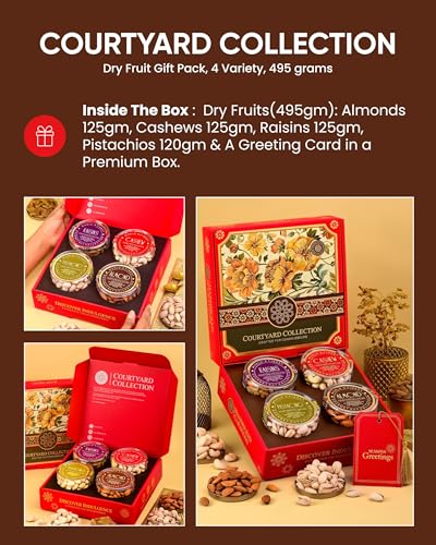Image of Hyperfoods Dry Fruits 495g RawFruit Courtyard Collection Pack of 4 Dry Fruits Gift Box Nuts and DryFruits Combo DryFruits Gift Pack Dryfruit Gift Hamper Cashew and Almonds Combo Pista and Raisins Combo