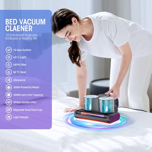 Mattress Vacuum Cleaner, 16Kpa Strong Suction Bed Vacuum with 253.7nm UV-C Light & Ultrasonic and High Heating, Dual Dust Cup, 500W, Corded